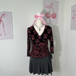 VIntage Y2K Worthington Babydoll Floral Black Pink 3/4 Sleeve‎ Top Mesh Womens S